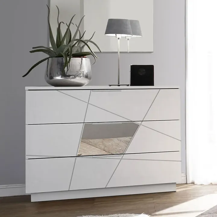 Comò 104x85h cm moderno bianco opaco frassinato con serigrafia e specchio Olimpo