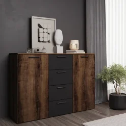 Comò 132x93h cm moderno rovere scuro nero Lisbona Gihome®