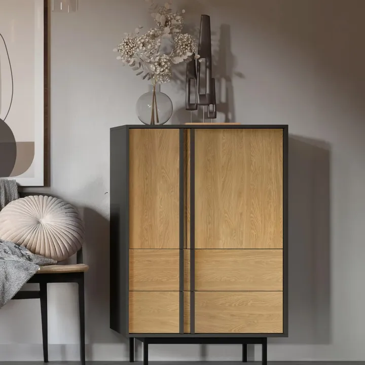 Credenza alta 83x127 cm 2 ante 2 cassetti antracite rovere Essenzia