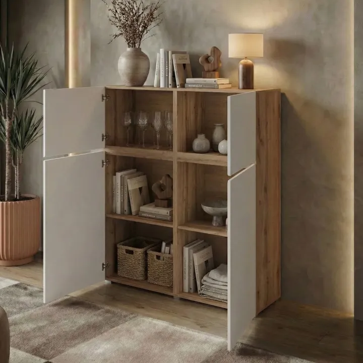 Credenza alta 120x139h cm 4 ante bianco rovere Lolla