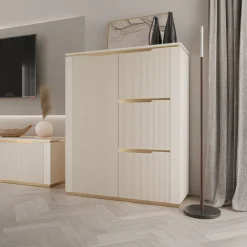 Credenza alta 106x131h cm 4 ante cannettato beige cashmere oro Gatsby