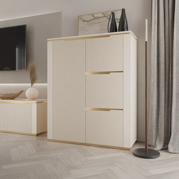 Credenza alta 106x131h cm 4 ante cannettato beige cashmere oro Gatsby