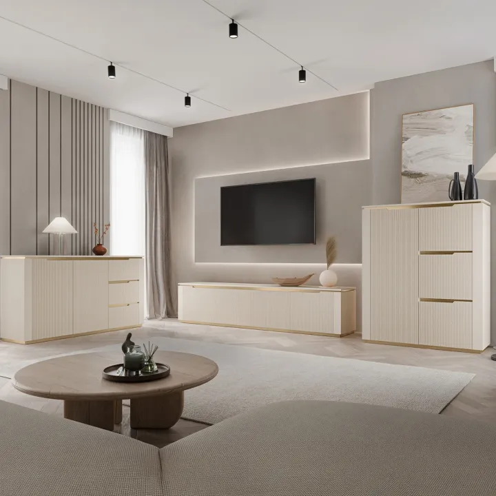 Credenza alta 106x131h cm 4 ante cannettato beige cashmere oro Gatsby