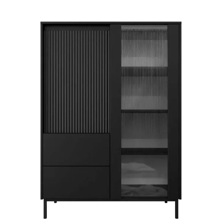 Credenza alta 104x146h cm 2 ante 2 cassetti design cannettato nero Strike
