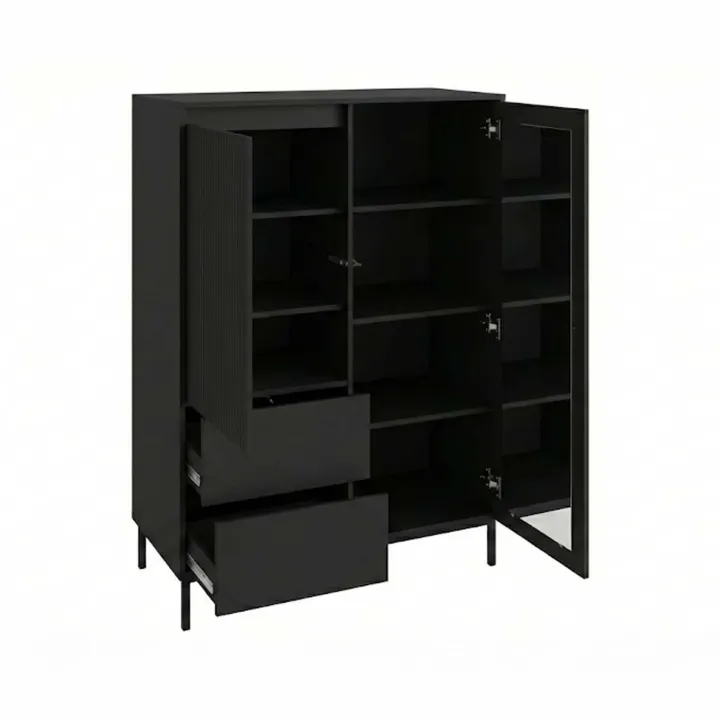 Credenza alta 104x146h cm 2 ante 2 cassetti design cannettato nero Strike