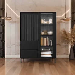 Credenza alta 104x146h cm 2 ante 2 cassetti design cannettato nero Strike