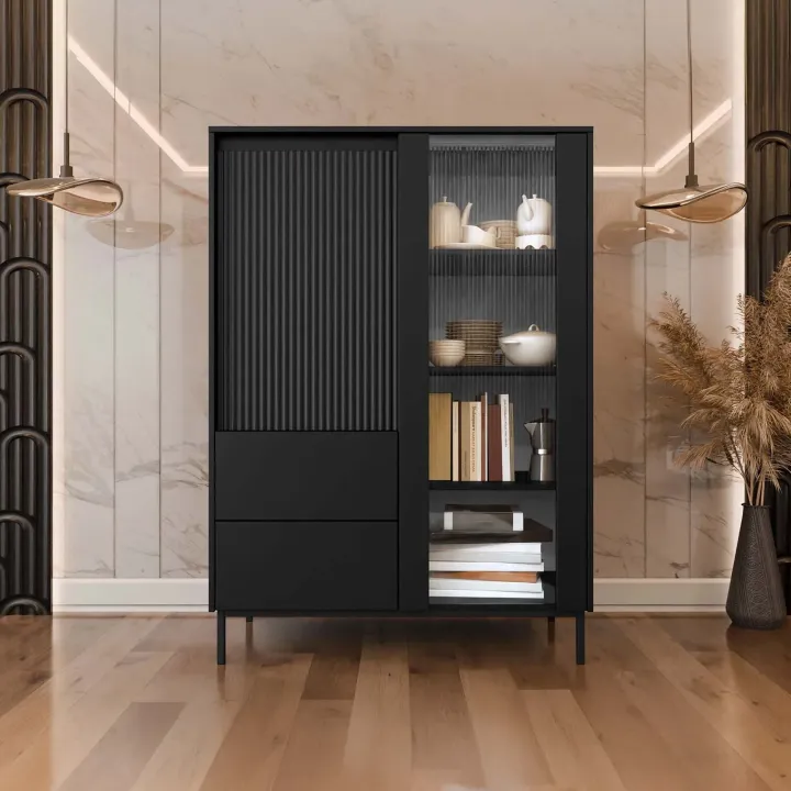 Credenza alta 104x146h cm 2 ante 2 cassetti design cannettato nero Strike