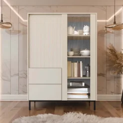 Credenza alta 104x146h cm 2 ante 2 cassetti design cannettato beige cashmere Strike