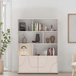 Credenza alta 105x141h cm 2 ante con vani a vista design in rilievo beige cashmere Sonia