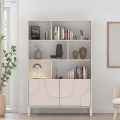 Credenza alta 105x155h cm 2 ante con vani a vista design in rilievo con piedini beige cashmere Sonia