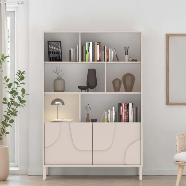 Credenza alta 105x155h cm 2 ante con vani a vista design in rilievo con piedini beige cashmere Sonia