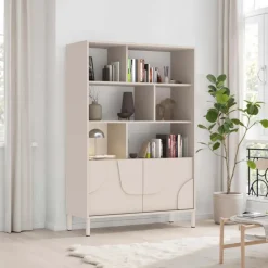 Credenza alta 105x155h cm 2 ante con vani a vista design in rilievo con piedini beige cashmere Sonia