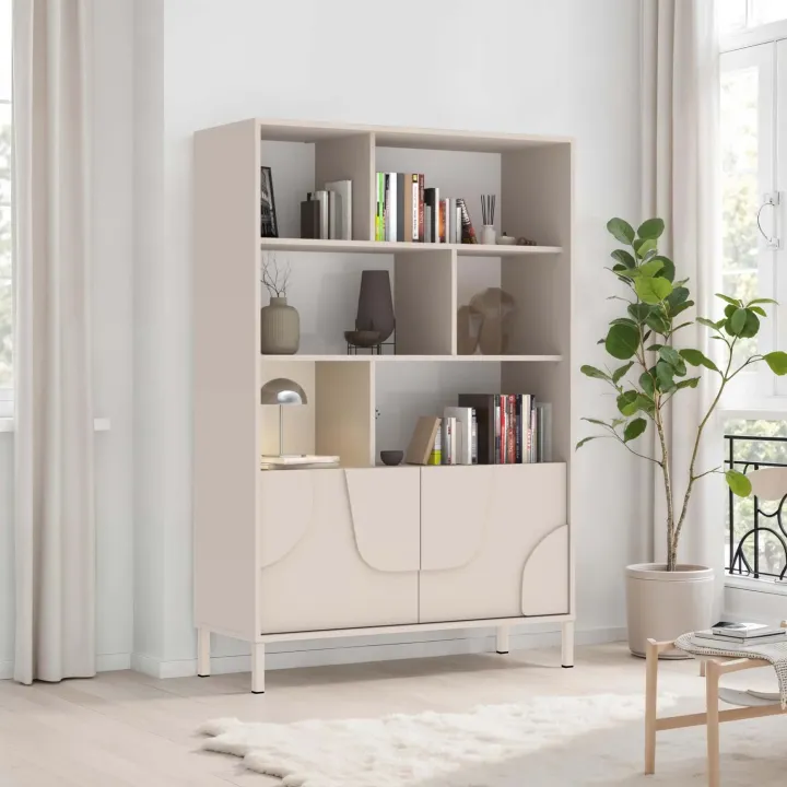 Credenza alta 105x155h cm 2 ante con vani a vista design in rilievo con piedini beige cashmere Sonia