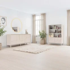 Credenza alta 105x155h cm 2 ante con vani a vista design in rilievo con piedini beige cashmere Sonia