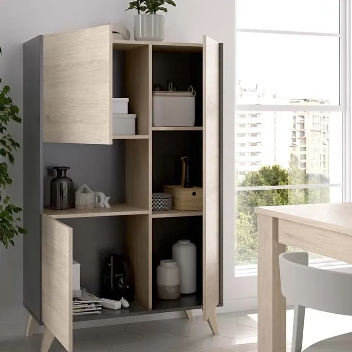 Credenza alta 81x135h cm 3 ante moderna rovere grafite Elmer