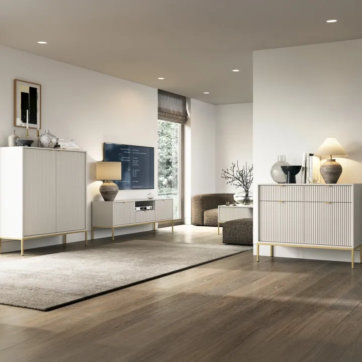 Credenza alta 104x125h cm 2 ante soggiorno beige cannettato oro Alisa