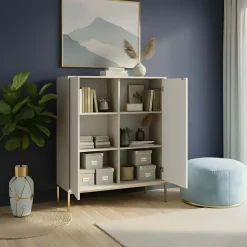 Credenza alta 104x125h cm 2 ante soggiorno beige cannettato oro Alisa