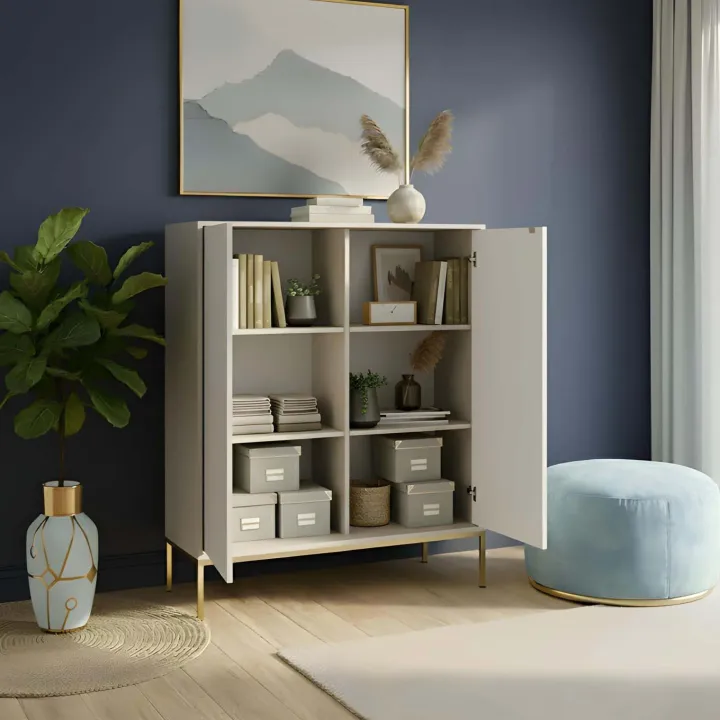 Credenza alta 104x125h cm 2 ante soggiorno beige cannettato oro Alisa