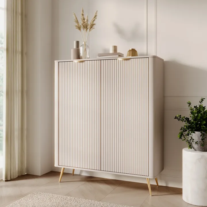 Credenza alta 113x134h cm 2 ante soggiorno beige cannettato Ramis