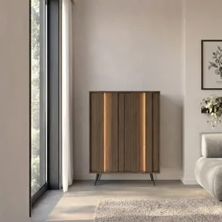 Credenza alta 94x126h cm con led 2 ante soggiorno noce Bois