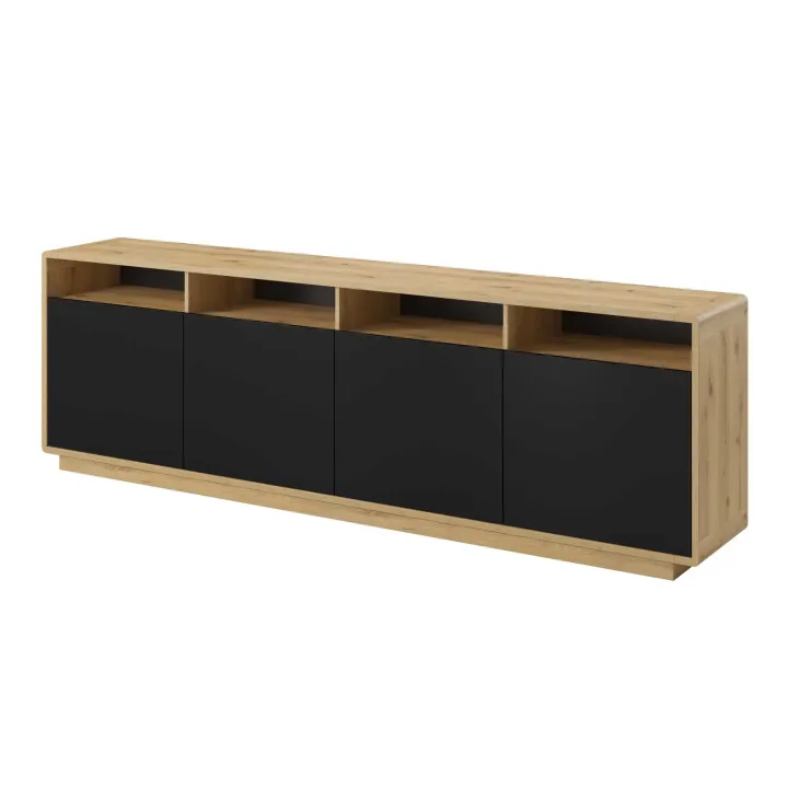 Credenza moderna 238x75h cm 4 ante 4 vani a giorno nero opaco rovere Esmond