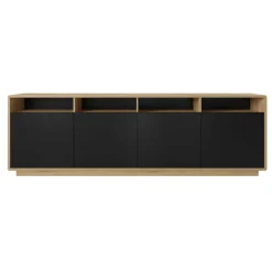 Credenza moderna 238x75h cm 4 ante 4 vani a giorno nero opaco rovere Esmond