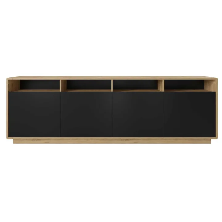 Credenza moderna 238x75h cm 4 ante 4 vani a giorno nero opaco rovere Esmond