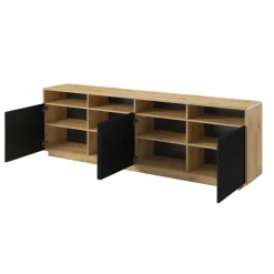 Credenza moderna 238x75h cm 4 ante 4 vani a giorno nero opaco rovere Esmond