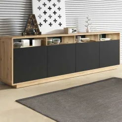 Credenza moderna 238x75h cm 4 ante 4 vani a giorno nero opaco rovere Esmond