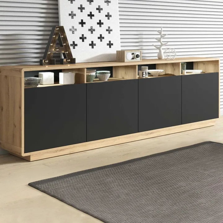 Credenza moderna 238x75h cm 4 ante 4 vani a giorno nero opaco rovere Esmond