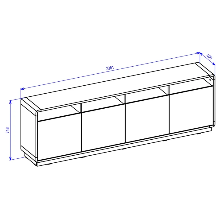 Credenza moderna 238x75h cm 4 ante 4 vani a giorno nero opaco rovere Esmond
