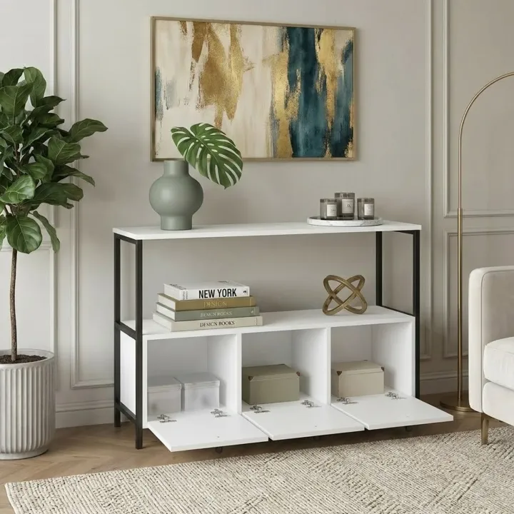 Credenza moderna 122x80h cm 2 ripiani 3 cassetti industrial metallo bianco Loft
