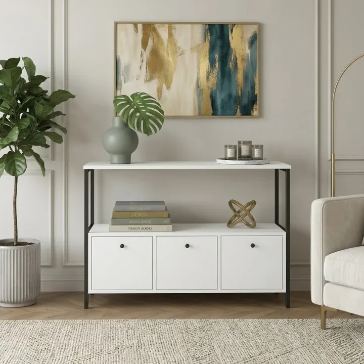Credenza moderna 122x80h cm 2 ripiani 3 cassetti industrial metallo bianco Loft