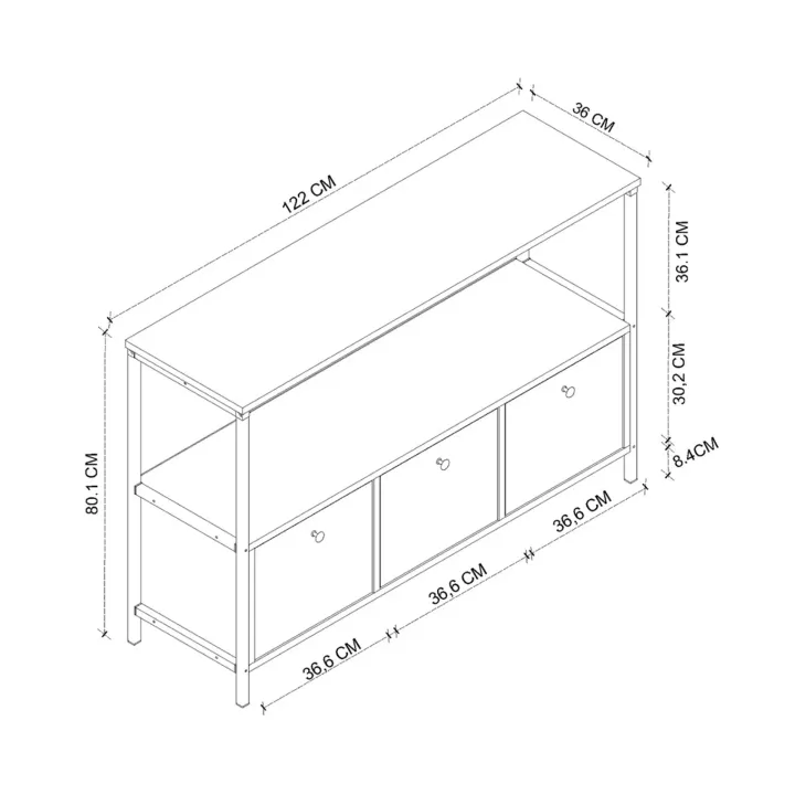 Credenza moderna 122x80h cm 2 ripiani 3 cassetti industrial metallo rovere rustico Loft