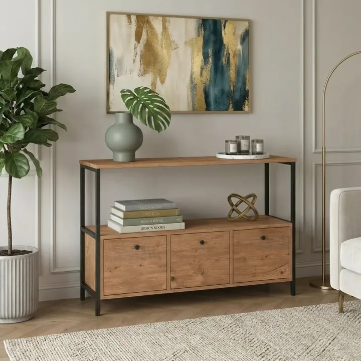 Credenza moderna 122x80h cm 2 ripiani 3 cassetti industrial metallo rovere rustico Loft