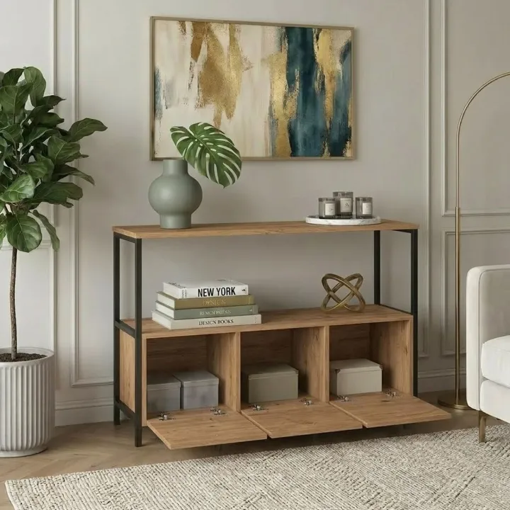 Credenza moderna 122x80h cm 2 ripiani 3 cassetti industrial metallo rovere rustico Loft