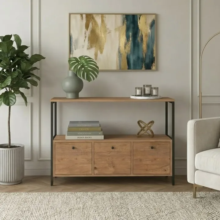 Credenza moderna 122x80h cm 2 ripiani 3 cassetti industrial metallo rovere rustico Loft