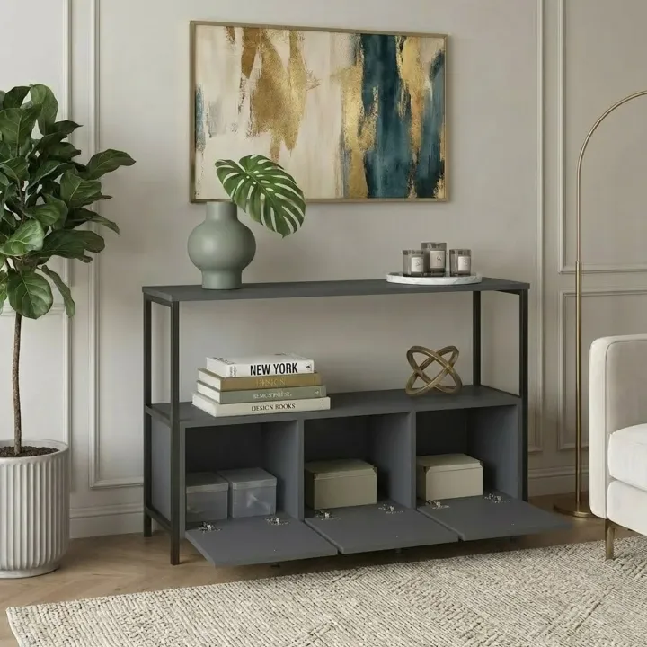 Credenza moderna 122x80h cm 2 ripiani 3 cassetti industrial metallo antracite Loft