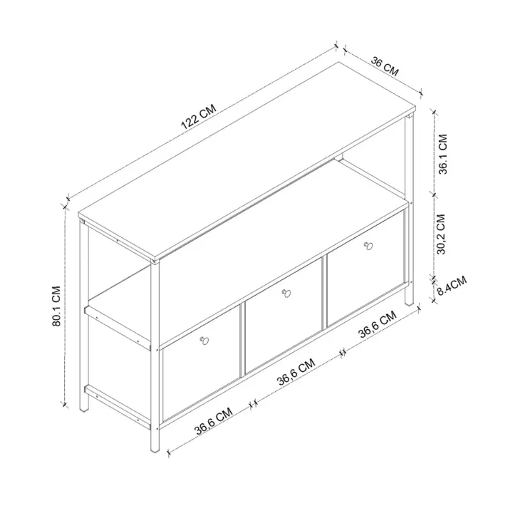 Credenza moderna 122x80h cm 2 ripiani 3 cassetti industrial metallo antracite Loft