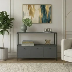 Credenza moderna 122x80h cm 2 ripiani 3 cassetti industrial metallo antracite Loft