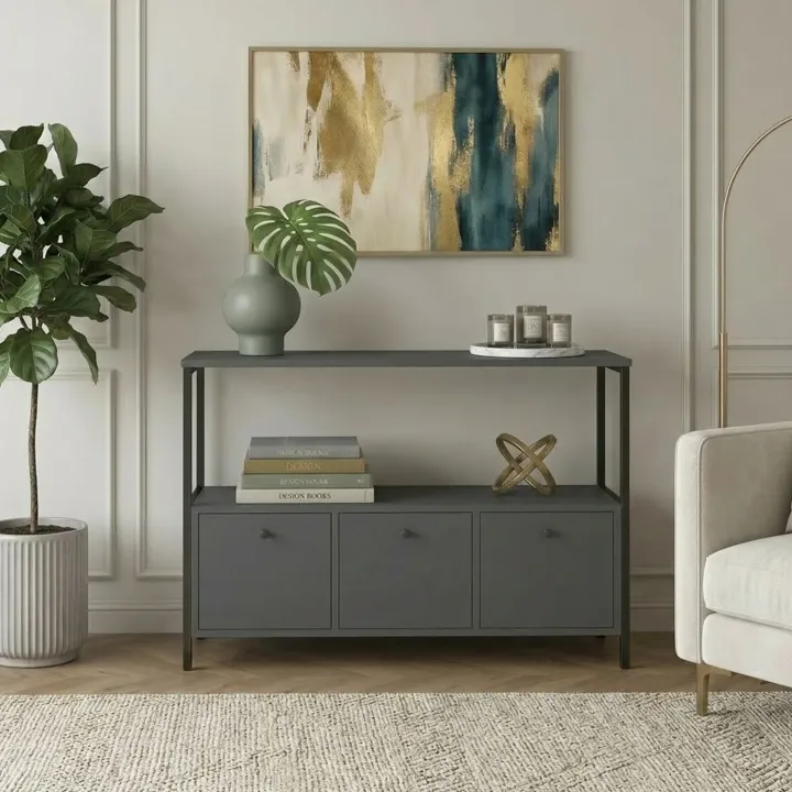 Credenza moderna 122x80h cm 2 ripiani 3 cassetti industrial metallo antracite Loft