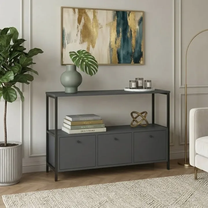 Credenza moderna 122x80h cm 2 ripiani 3 cassetti industrial metallo antracite Loft