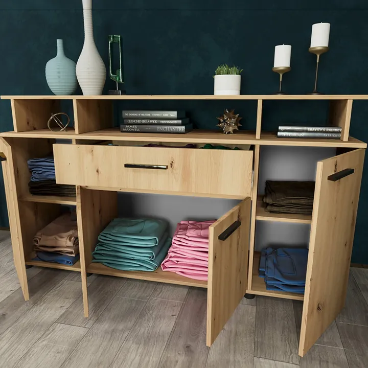 Credenza multiuso 154x85h cm 4 ante cassetto vani a giorno rovere rustico Pippo