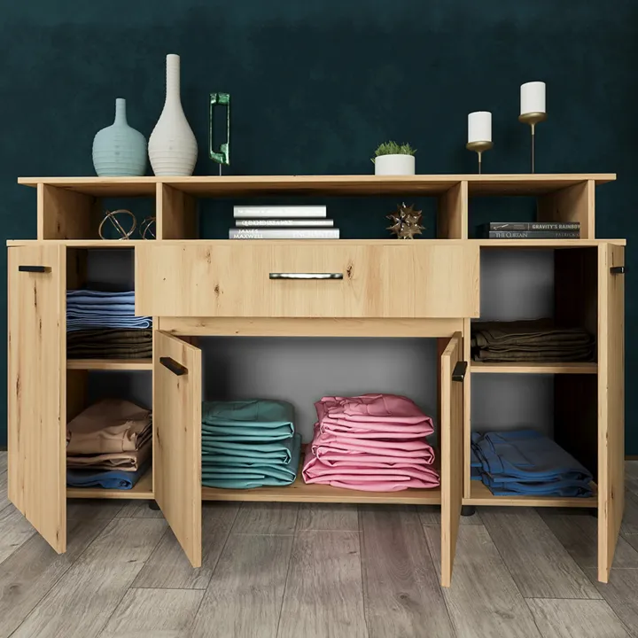 Credenza multiuso 154x85h cm 4 ante cassetto vani a giorno rovere rustico Pippo