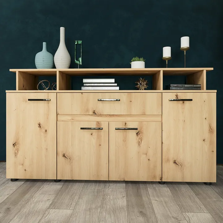 Credenza multiuso 154x85h cm 4 ante cassetto vani a giorno rovere rustico Pippo