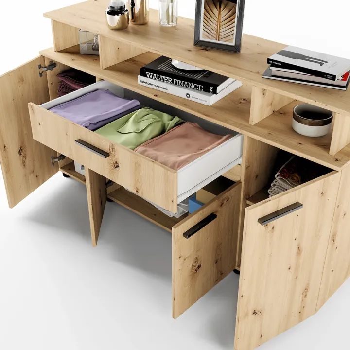 Credenza multiuso 154x85h cm 4 ante cassetto vani a giorno rovere rustico Pippo