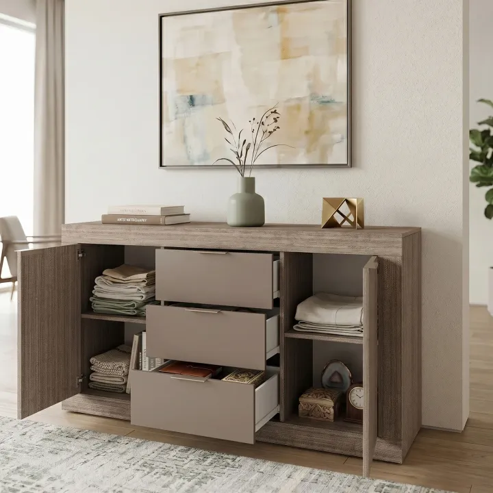 Credenza multiuso 138x81h cm 2 ante con 3 cassetti rovere scuro marrone Matera