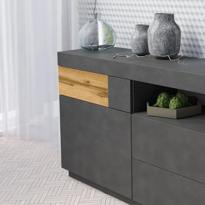Credenza 169x85h cm 1 anta 3 cassetti antracite rovere Bahama