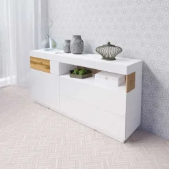 Credenza 169x85h cm 1 anta 3 cassetti bianco lucido rovere Bahama