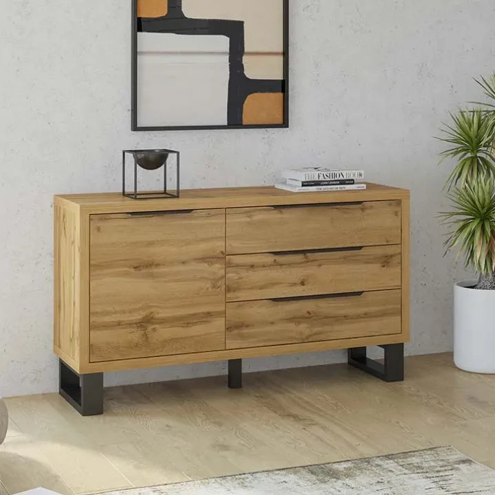 Credenza 144x83h cm 1 anta 3 cassetti moderna quercia nero Petra